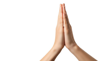 Hands performing a gesture of gratitude on a white background