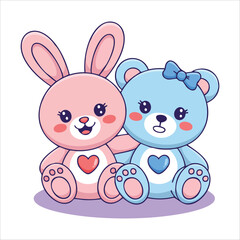 Cute rabbit and teddy bear plush toys valentine day gift isolated vector illustration on white background