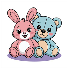Cute rabbit and teddy bear plush toys valentine day gift isolated vector illustration on white background