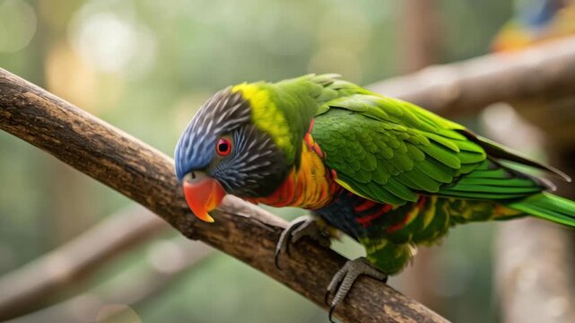 Green parrot lorikeet bird tropical colorful beak feathers green parrot cuddling branch with vivid feathers and curious expression soft natural light