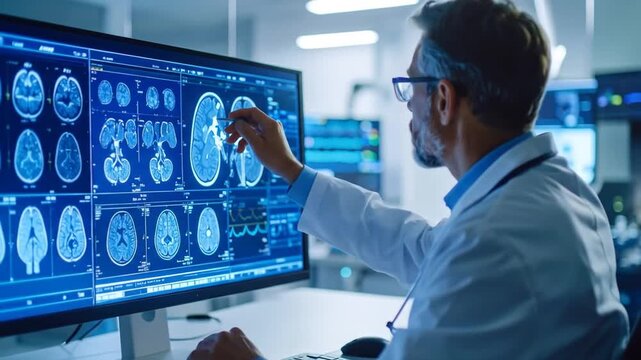 Doctor analyzing brain scans on a screen.