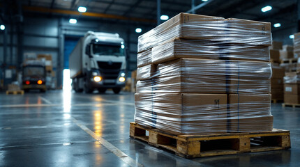 Close-up of packaged goods on a pallet in a warehouse, ready for shipment.