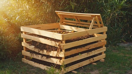 Wooden compost bin in a garden