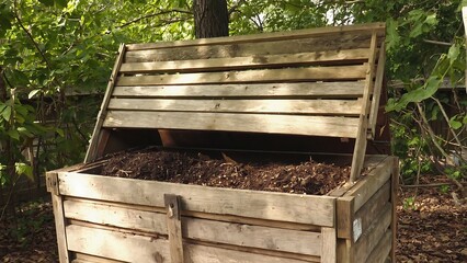Wooden compost bin in a garden