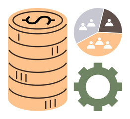 Stack of coins represents finances, segmented pie chart shows teamwork or division, and gear suggests efficiency or operations. Ideal for business, investment, analytics, teamwork, strategy, process