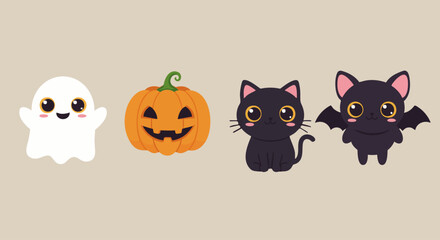 Fototapeta premium Cute Halloween Character Set Vector – Ghost, Jack O Lantern Pumpkin, Black Cat and Bat Cartoon Icons