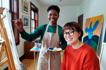 Young Black woman painting on canvas while smiling young Asian woman sitting nearby in art studio, both engaging in creative activity with painting supplies