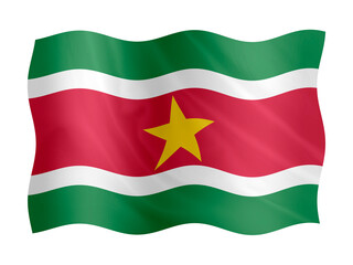 Obraz premium Digital composite. ..Flag of Suriname waving with a fabric overlay. ..November 25th is Suriname Independence Day..Srefidensi Dey, Onafhankelijkheidsdag. ..PNG file.