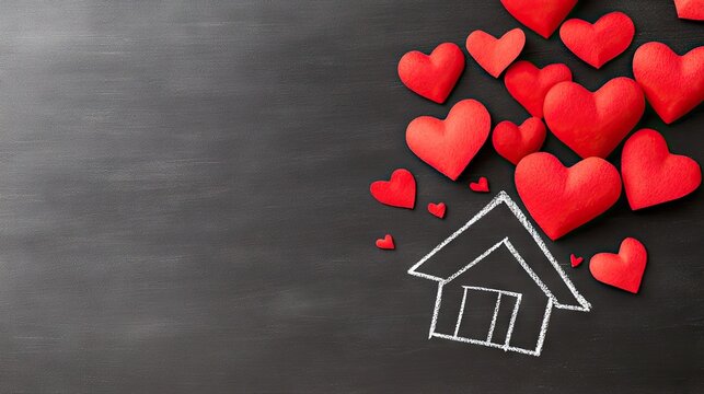 A chalkboard displays a white outline of a house with vibrant red hearts rising above it