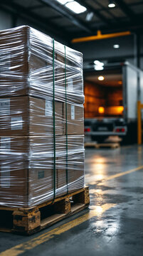 Close-up of packaged goods on a pallet in a warehouse, ready for shipment.