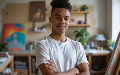 A Young LGBT artist student stands confidently in an art studio, The student's dedication to learning and creativity, highlights the inclusive and supportive environment for artistic growth.