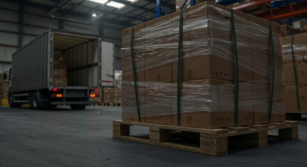 Close-up of packaged goods on a pallet in a warehouse, ready for shipment.