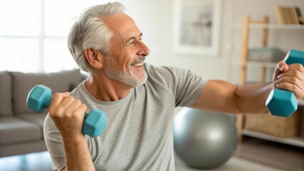 Active senior man exercising with dumbbell gray hair smiling home gym living room lifting dumbbell mature male home workout light blue weight gray t - Powered by Adobe