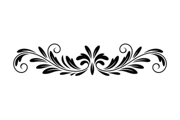 Black ornate floral swirl divider with leaves and curls on white background flourish ornament