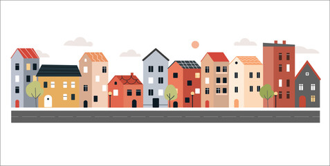 Scandinavian style city buildings, urban street. Cute houses and trees. Scandi architecture, vector illustration