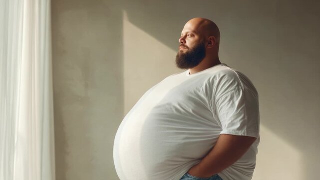 A Contemplative Moment: A Man with a Full Figure Poses in Natural Light, Showcasing Body Positivity and Self-Acceptance in a Serene Environment.