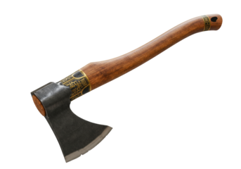 Isolated antique battle axe with wood handle and metal blade on a bright surface