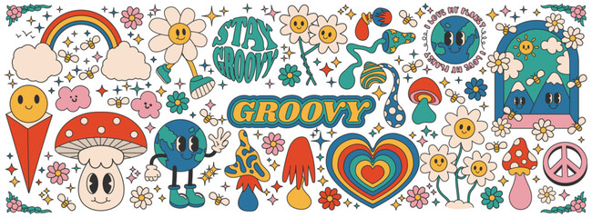 Groovy retro cartoon doodles with smiling Earth rainbow heart mushrooms peace sign daisies stars clouds sun and groovy texts. Vector illustration