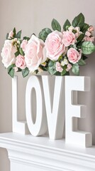 Obraz premium A charming display features the word love crafted from vibrant pink and pastel flowers against a light gray background, highlighting minimalist design with white lettering and ample negative space