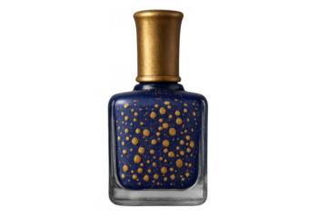 Blue glitter nail polish bottle with golden cap for manicure, beauty and fashion concepts, transparent background