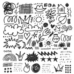 Handdrawn doodles fill the frame featuring clouds hearts stars crowns and more all rendered in a rough crayonlike style. Vector illustration