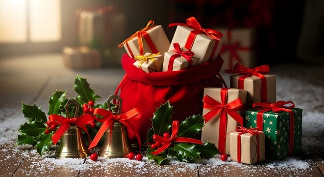 Festive christmas gifts in red sack with holly & bells on snowy wood table for holiday advertising
