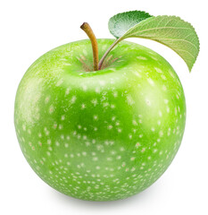 Ripe green apple with leaf on white background. File contains clipping paths.