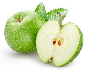Ripe green apple and half of apple on white background. File contains clipping paths.