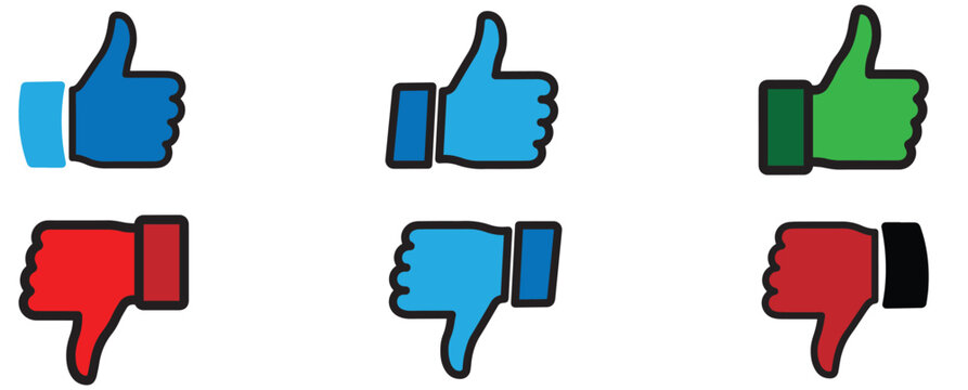 A collection of thumbs up and thumbs down icons in various colors, isolated on transparent background these symbols represent agreement, approval, disagreement, and disapproval