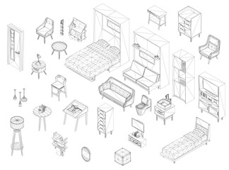Detailed 3D wireframe model of a modern living room interior, featuring a bed, chairs, and tables. This realistic object set is perfect for architectural visualization. Isometric view