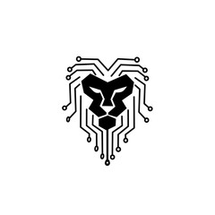 Powerful logo combining a lion's face with intricate circuit board lines forming its mane. Represents digital strength, technology, leadership, and high-tech security or finance.