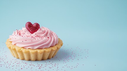 Sweet tartlet topped with creamy pink frosting and sparkling red hearts is perfect for celebrating love on Valentine's Day, set against a soft pastel backdrop
