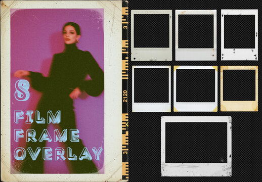 Pack Of 8 Isolated Retro Film Frame Overlays. Instant Photo Snapshot Border.