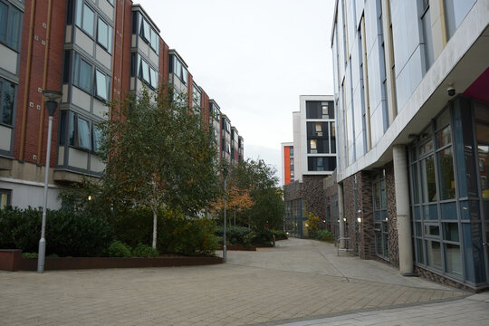 Modern Urban Residential Buildings And Paved Walkway With Trees On An Overcast Day In Nottingham, England
