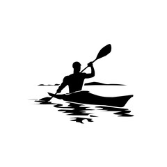 Black silhouette of a strong kayaker paddling on calm water, capturing the spirit of adventure, fitness, and tranquility in nature and water sports.