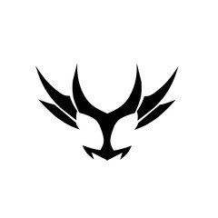 Bold, stylized devil or monster head icon with sharp horns and abstract wings, symbolizing power, intensity, aggression, and extreme, powerful branding or gaming concepts.