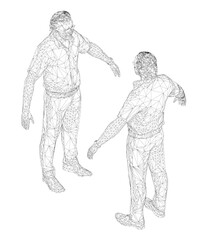 An old man wearing glasses, a shirt, and trousers shakes hands with a woman in a detailed low poly wireframe design on a white background. Isometric view