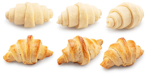 Collection of raw and baked croissants on a white background. File contains clipping paths.