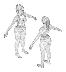 Female wireframe model in bikini with outstretched arms stands against white background. Intricate design features geometric shapes and connecting lines creating a stylized human form. Isometric view