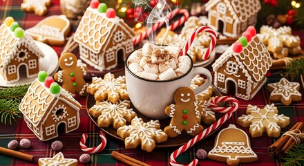 Festive christmas gingerbread houses, cookies, and hot chocolate still life for holiday advertising