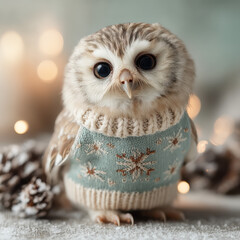 Baby owl in cozy snowflake sweater perched on Christmas frosted pinecone with lights