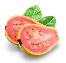 Two halves of guava with pink flesh and green leaves on white background. File contains clipping paths.