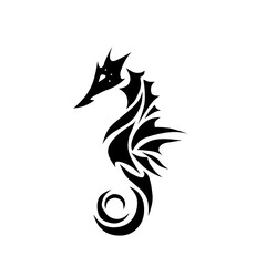 A stylized black seahorse illustration with bold tribal-inspired lines and flowing shapes, creating a striking, artistic marine motif with elegant curves and sharp details.