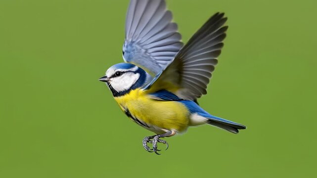 Blue tit flapping its wings in a vibrant green setting showcasing its colorful feathers and lively behavior