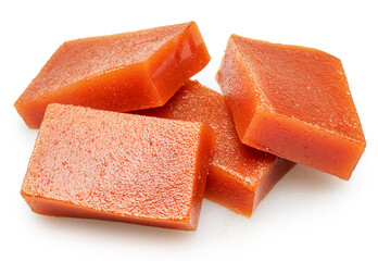 Quince paste cubes or quince marmalade cubes on white background. File contains clipping paths.