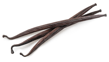 Vanilla beans or vanilla sticks on white background. File contains clipping paths.