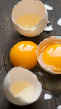 Cracked egg with vibrant yolk oozing onto rustic wood, promising fresh start and culinary creativity in this enticing breakfast prep video clip