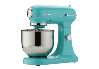 Isolated, turquoise stand mixer on a seamless background, professional kitchen appliance