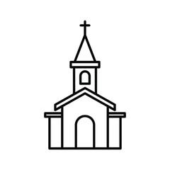 Simple line art illustration of a traditional church building with a steeple