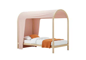 Isolated children's bed with canopy, wooden frame, white bedclothes, and orange cushions